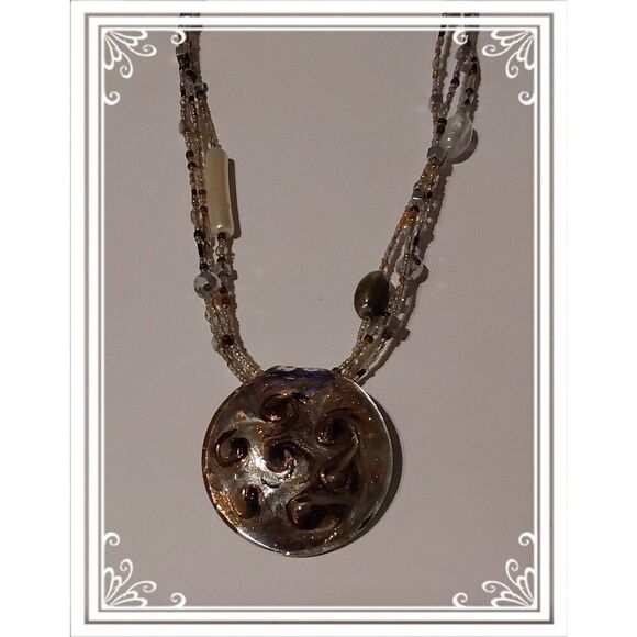 Chocolate Swirl Italian Murano Glass & Crystal~Seed Beads Pendant & Necklace - Picture 1 of 3